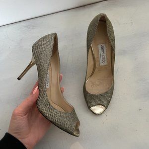 Jimmy Choo Peep Toe Pumps Sz 36.5 Gold Glitter High Stiletto Heels